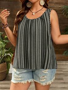 EMERY ROSE Plus Size Women's Black And White Round Neck Pleated Loose Tank Top, Suitable For Spring And Summer Vacation Boho - Multicolor - View 4