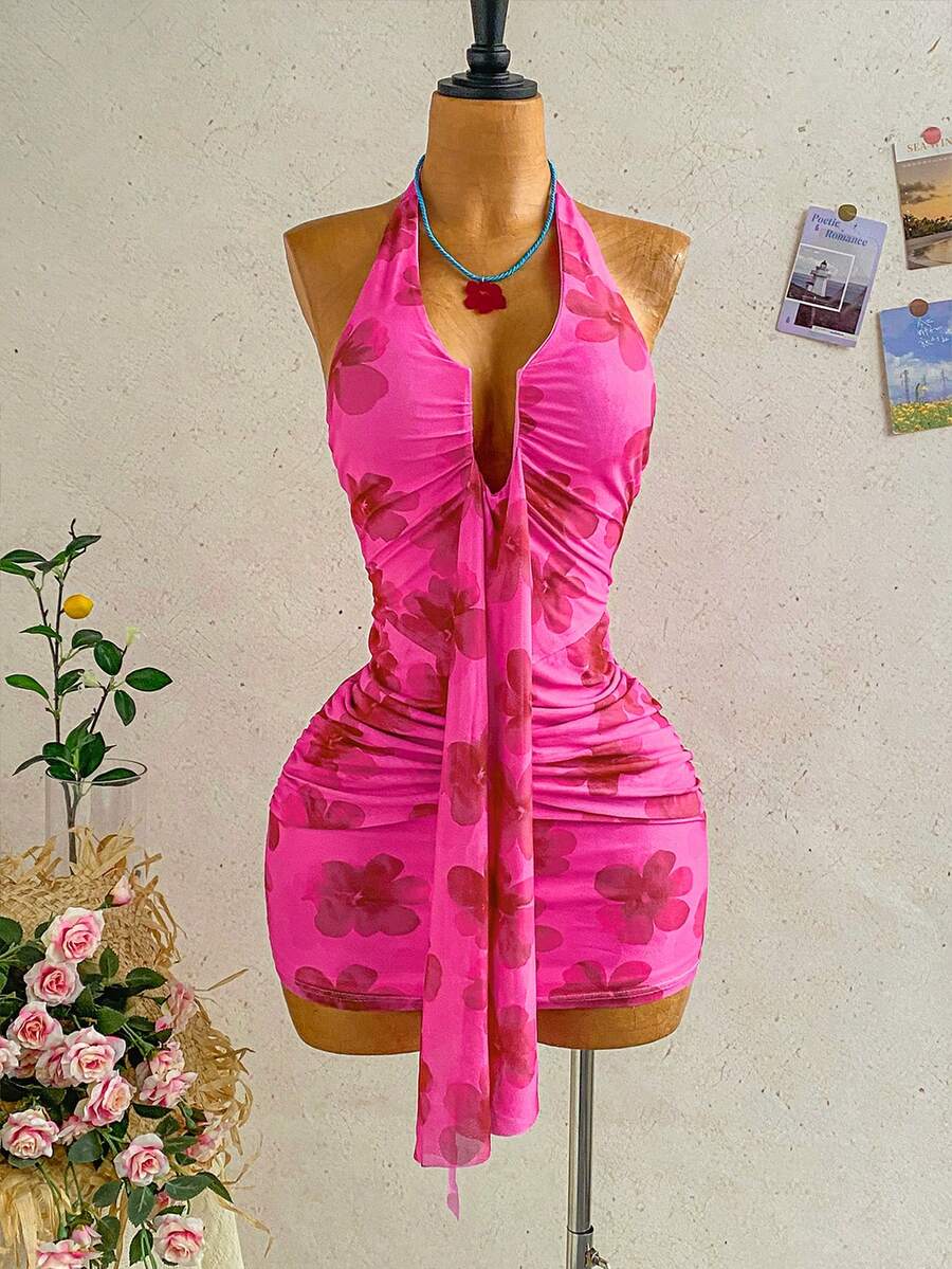 Soleia Women's Pink Floral Summer Boho Sexy Holiday Vacation Casual Dress, V-Neck Tie Strap Bow Tie Waist Ruched Mini Dress For Beach Night Out,Cruise,Party - Pink - View 1