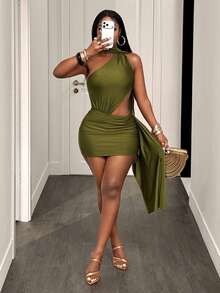 BamGleam Sexy Halter Neck Draped Ribbon Waist Cutout Bodycon Ruched Dress For Holiday Party Club Night And Banquet Olive Green Summer - Olive Green - View 5