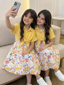 Conjunto de 2 piezas para niña KidsTween: camisa casual de vacaciones con nudo, chaqueta abierta con botones delanteros y vestido de tirantes finos con estampado floral menudo, amarillo - Amarillo - Ver 9