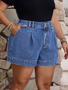 EMERY ROSE Plus Size Women's Pleated Pocket Casual Casual Formal Denim Shorts Carribean Navy Blue Summer - Medium Wash - View 1