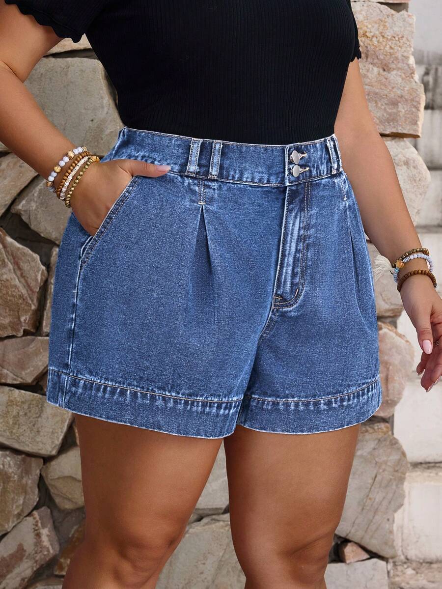 EMERY ROSE Plus Size Women's Pleated Pocket Casual Casual Formal Denim Shorts Carribean Navy Blue Summer - Medium Wash - View 1