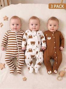 SHEIN Newborn Bear Striped Print Romper - Brown - View 3