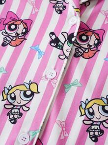 THE POWERPUFF GIRLS X SHEIN 青少年女孩條紋卡通印花上衣與短褲家居服 - 粉色 - 查看 4