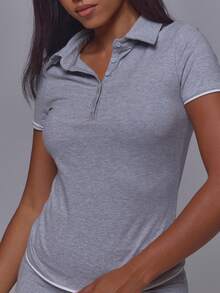 Musera Sport Grey Button Through Collared Contrast Trim Hems Cinched Fitted Active Polo Top Pilates Fitness Daily Casual Everyday Void - Light Grey - View 2
