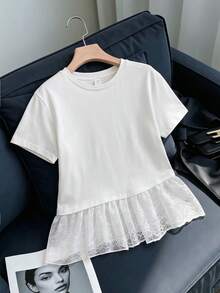 Tween Girls Casual All-Match Versatile Daily Lace Patchwork Loose Round Neck Short Sleeve T-Shirt - Blue - View 3