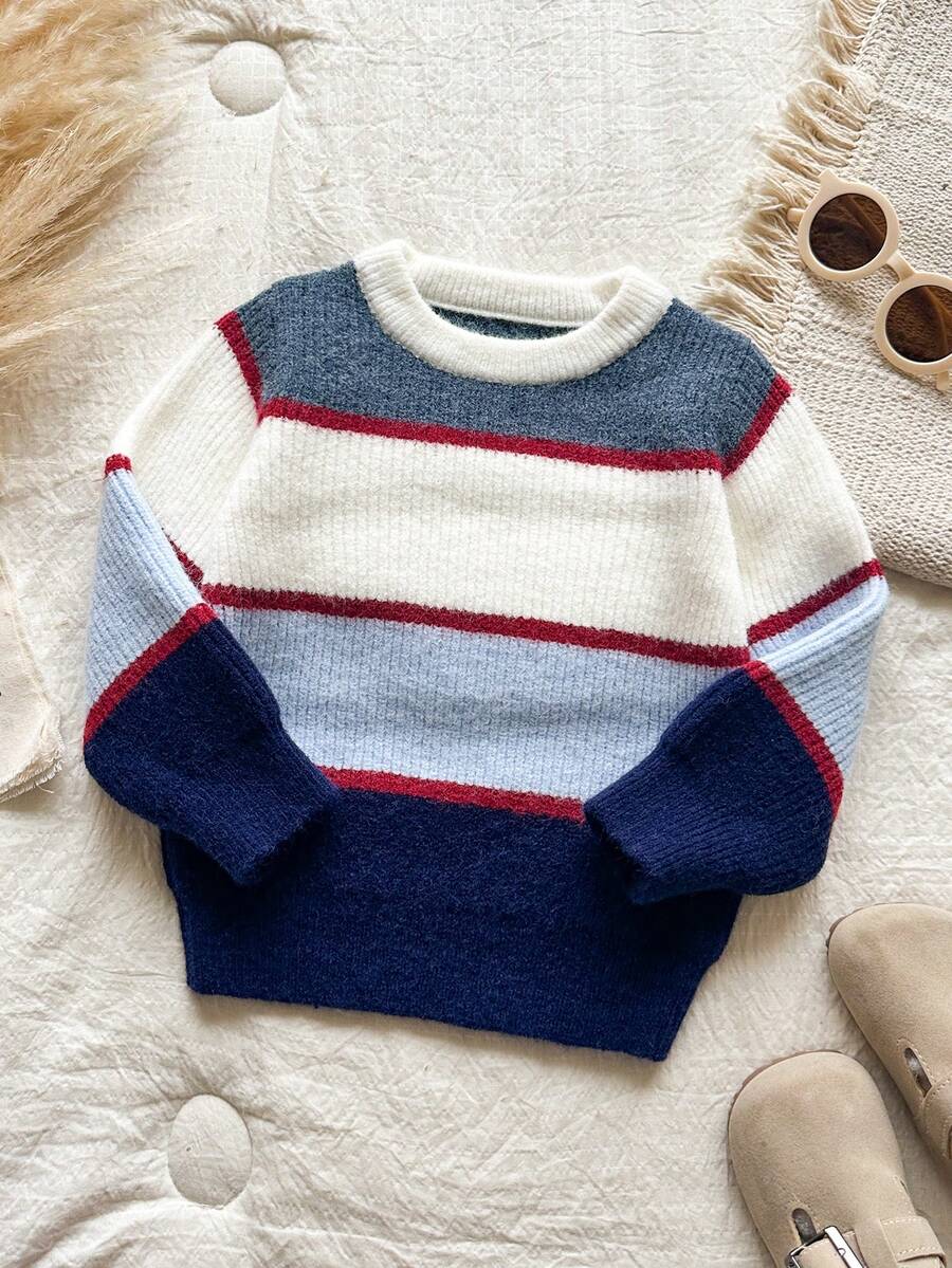 Young Boys Striped Color Block Thick Soft Knit Pullover Sweater, Suitable For Home, Casual, Outings And Gatherings, Autumn/Winter - Multicolor - View 1