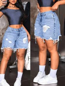 SHEIN Tall CURVE Plus Size Summer Casual Distressed Denim Shorts - Light Wash - View 1