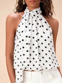 Travachic Blusa elegante de mujer con estampado de lunares y cuello de corbata, conjunto de verano para mujer, top elegante, top de lunares, top de verano - Blanco - Ver 1