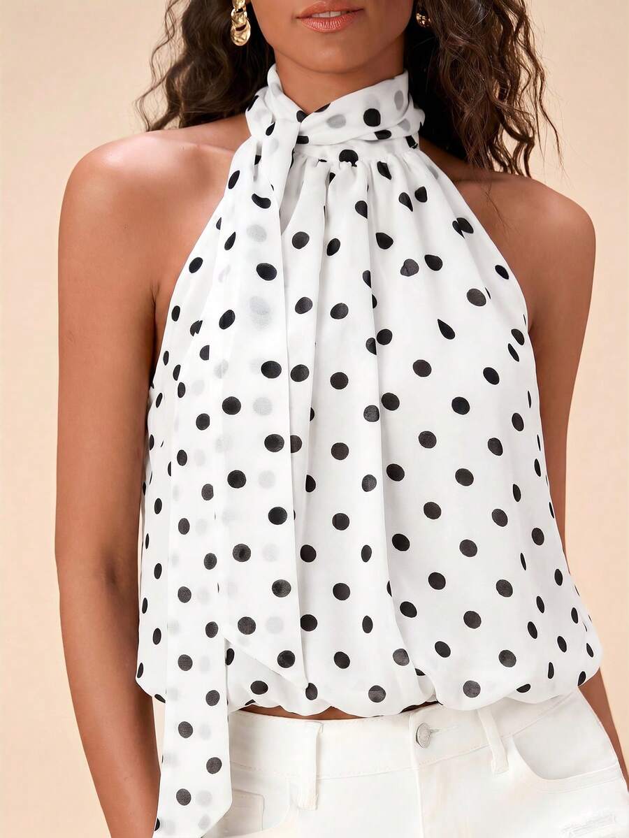 Travachic Blusa elegante de mujer con estampado de lunares y cuello de corbata, conjunto de verano para mujer, top elegante, top de lunares, top de verano - Blanco - Ver 1
