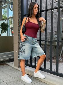 SAYEHFBABY Women's Patterned Pocket Wide Leg Loose Casual Bermuda Denim Shorts Summer - Blue - View 4