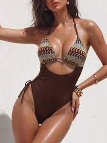 Swim Vcay New Spring/Summer Women's One-Piece Swimsuit, Sexy Casual Vacation Beach Hollow Out Elegant Lace Solid Black Halter Neck Tie Beachwear One-Piece Swimsuit - Multicolor - View 1