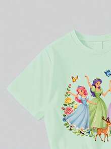 SHEIN 1套女童休閒時尚可愛甜美卡通公主圖案短袖T恤與印花內搭褲套裝，適合春/夏季外出、假期、上學、生日及其他場合 - 彩色 - 查看 4