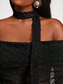 Radiana Women's Black Off Shoulder Bodycon Mini Dress Sheer Long Sleeves Halter Neck Tie Evening Cocktail Concert Dinner Date Night Party Autumn Sexy Elegant - Black - View 6