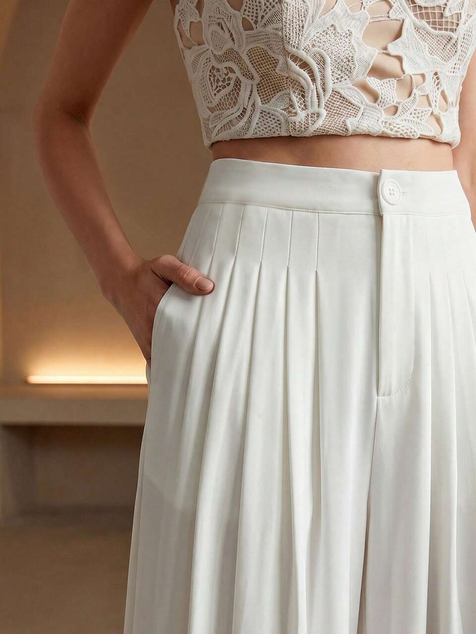 Anewsta Women's Autumn New Elegant High-Waist White Wide-Leg Pants, Side Pockets, Office Vacation Wear, Suitable For Going Out, Work Daily Wear