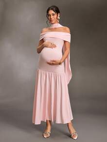 Cheriluna Maternity Women's Elegant Off-Shoulder Pleated Maternity Maxi Dress - Pink - View 8