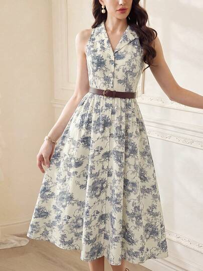 shein ladies dresses new arrivals SHEIN Modelyn Women's Floral Print Elegant Square Neck Tie Waist Midi |  Dress