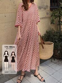 Dazy Tall Gaun Merah Gaya Liburan Longgar Lengan Pendek Kotak-kotak Leher V untuk Wanita Musim Panas - Merah - View 1
