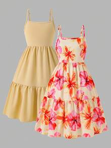 SHEIN Elladie kids 女童休閒甜美花卉與素色拼接細肩帶洋裝，適合日常穿著、夏季、戶外與度假 - 黃色 - 查看 9