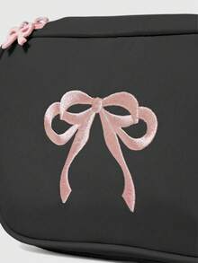 ROMWE Kawaii Bolsa de almacenamiento de cosméticos de gran capacidad con bordado de lazo cuadrado - Negro y rosa - Ver 6