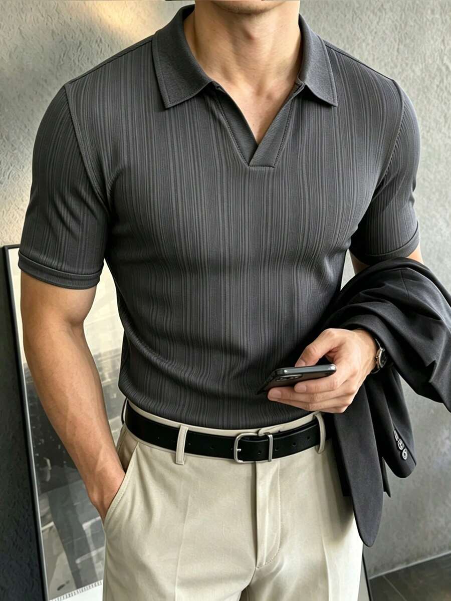 Calvornis Kemeja Polo Minimalis Lengan Pendek Kasual Bisnis Pria, Cocok untuk Kantor dan Perjalanan, Formal - Grey - View 1