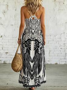SHEIN Long Strap Cinched Waist A-Line Dress Vacation Style Printed Dress - Black and White - View 2
