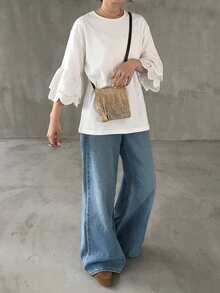 FRIFUL Women's Round Neck Hollow Embroidery Ruffle Cuff Loose T-Shirt - White - View 3