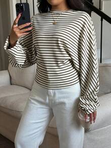 Levarali Kaos Lengan Panjang Kasual Serbaguna untuk Wanita Ukuran Plus dengan Motif Garis dan Blok Warna, Cocok untuk Sehari-hari - MultiWarna - View 9
