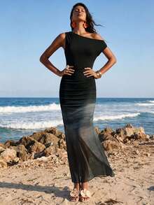 SHEIN Vestido de férias ajustado para mulher, cor lisa, de um ombro e sem mangas - Preto - Ver 5