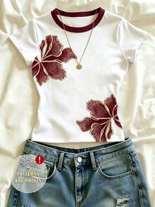 Top corto básico ajustado de estilo casual con estampado floral fresco personalizado para niñas de verano - Multicolor - Ver 1