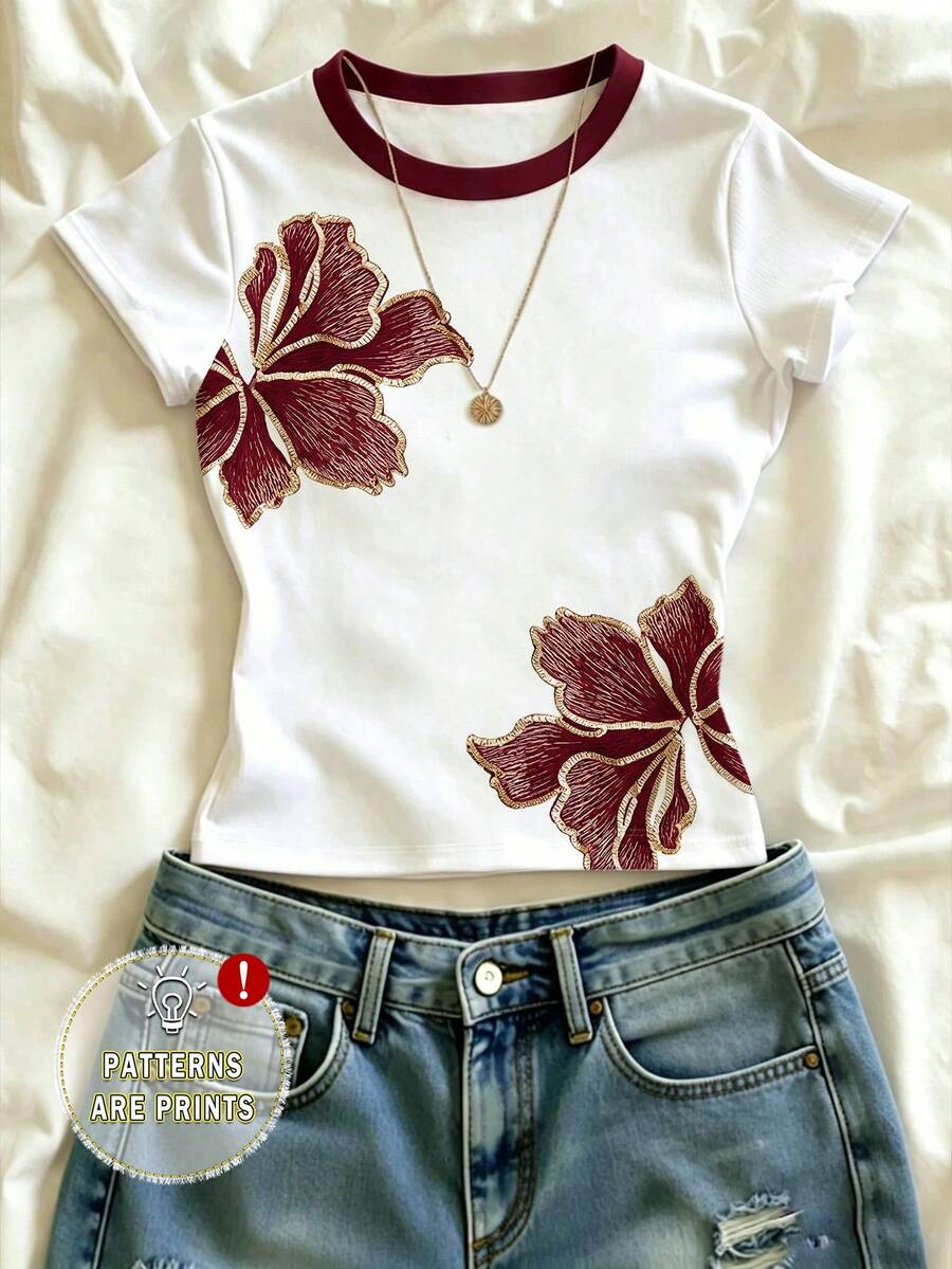 Top corto básico ajustado de estilo casual con estampado floral fresco personalizado para niñas de verano - Multicolor - Ver 1