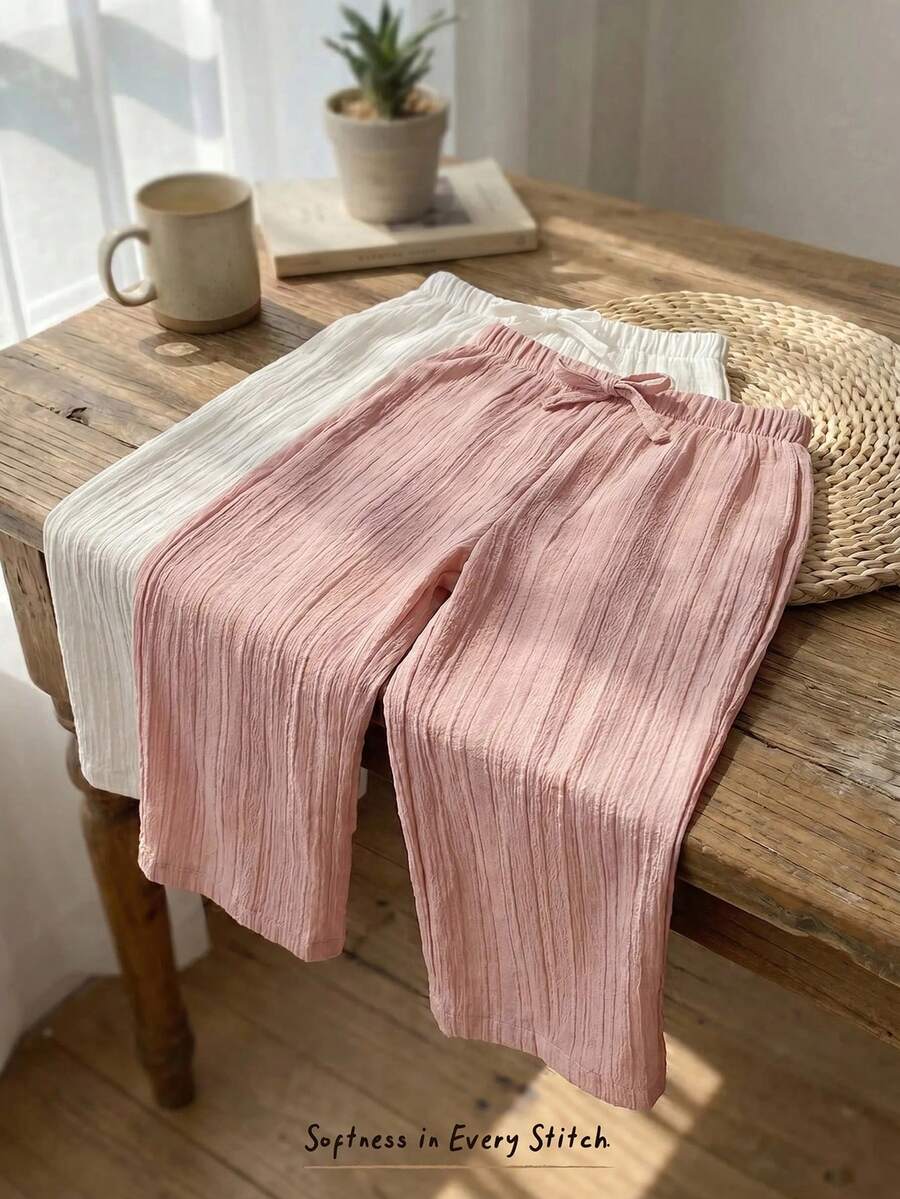 Cozy Pixies 2件組嬰兒女童男童紋理布料寬鬆寬腿直筒長褲 百搭度假風多件套裝 - 彩色 - 查看 1