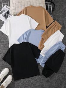 SHEIN 8件套男童休闲宽松字母印花圆领T恤短裤套装，卡其色基础款上衣和裤子，炭灰色基础款上衣和裤子，黑色基础款上衣和裤子，白色基础款上衣和裤子，适合通勤、上学、休闲外出、运动，春夏秋季皆宜。 - 彩色 - 查看 3