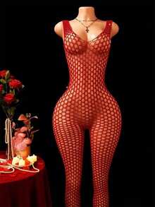 ChaseTheNight Women's Sexy Halter Neck Open Crotch Bodystocking,High-Elasticity Nylon & Elastane Fishnet Mesh Hollow Out Lingerie,Stretchy Adult Intimate Apparel - Red - View 3