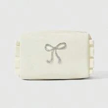 ROMWE Kawaii 可愛粉色刺繡蝴蝶結化妝包，蕾絲飾邊迷你收納包 - 白+銀 - 查看 4