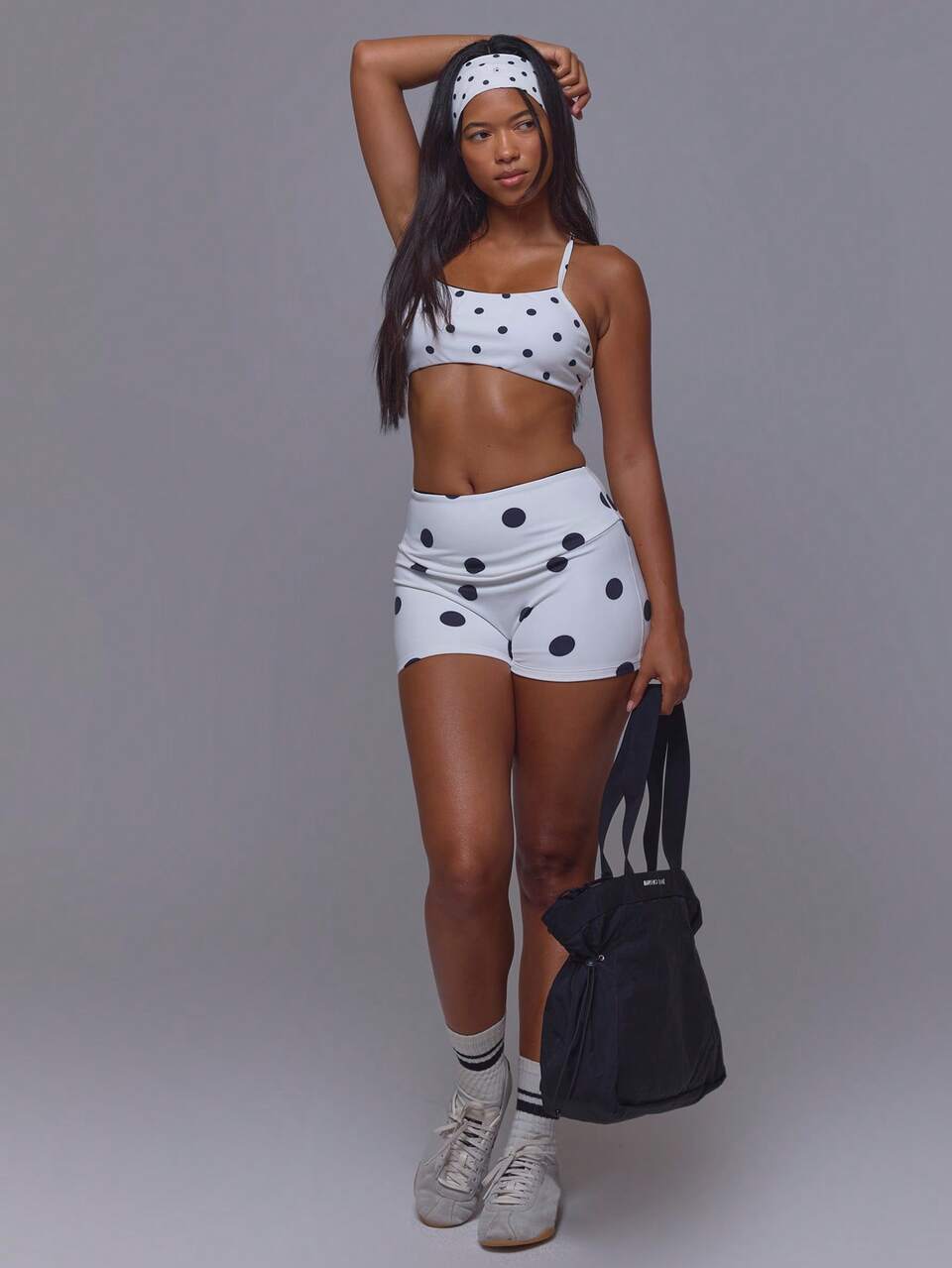 Sport Scoop Neck Adjustable Strap Polka Dot Sports Top With Fitted High Waist Polka Dot Mini Shorts Coord