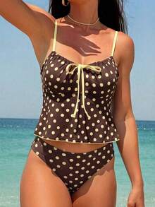 Swim Vcay Summer Women's Sweet Style Old Money European Swimsuit Ruched Chest Bow Tie Adjustable Shoulder Straps Beach Vacation Pool Brown And Yellow - Multicolor - View 1
