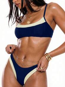 Oceva 2pcs Women's Solid Color Patchwork Minimalist Casual Summer Beach Vacation Bikini Set - Navy Blue - View 5