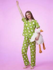 SHEIN Women's Duck Print Button-Front Short Sleeve Long Pants Pajama Set - Multicolor - View 5