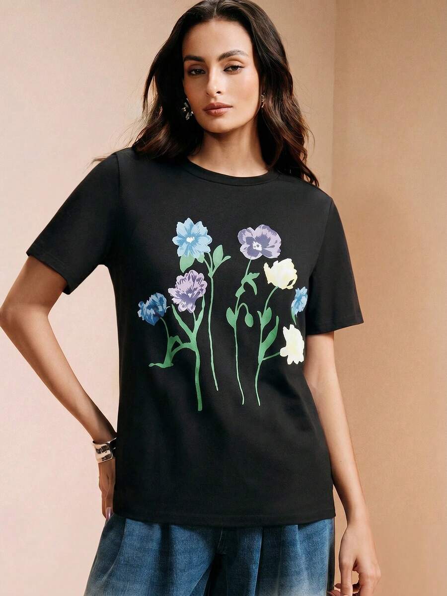 SHEIN Floral Print Short Sleeve Fashion Loose Fit Slimming Regular Shoulder Wrinkle-Resistant Round Neck Minimalist Romantic Casual Cotton-Feel T-Shirt - Black - View 1