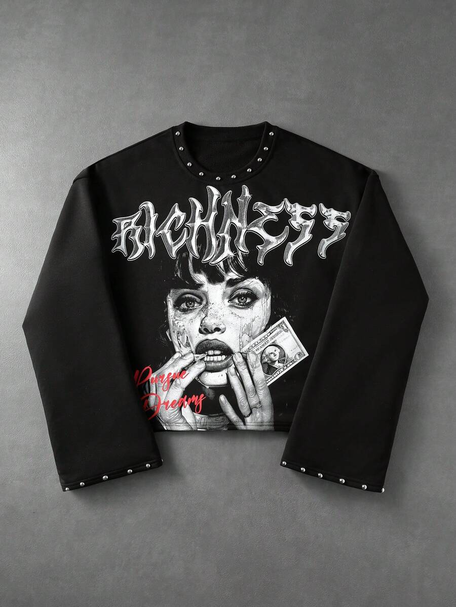 ROMWE MEN Men's Rivet Decor Graphic Print Loose Fit Long Sleeve T-Shirt - Black - View 1