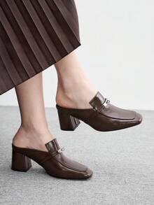 CUCCOO BIZCHIC 女款春秋簡約扣飾優雅設計派對下午茶約會粗跟穆勒鞋 - 棕色 - 查看 3