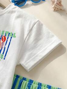 SHEIN Playful Pals 小龍蝦印花 2 件組幼兒夏季度假前後穿著 T-shirt，彈性腰條紋 S 號 - 彩色 - 查看 7