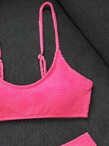 SHEIN Swim Conjunto de bikini de unicolor para vacaciones en la playa - Rosa Fucsia - Ver 7
