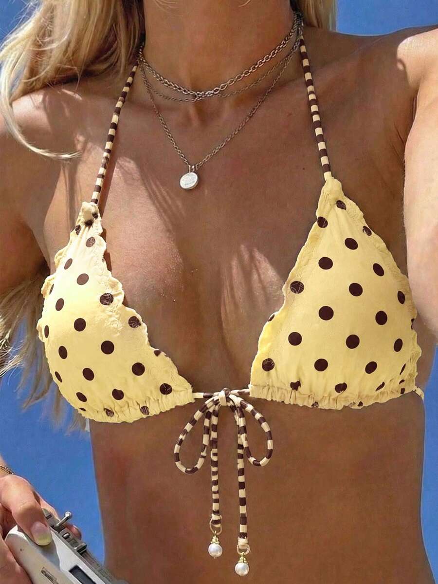 Swim Mod 女款夏季新款海灘泳裝度假風甜美可愛荷葉邊繫帶三角網紗花卉布料性感露背泳衣上衣 - 彩色 - 查看 1