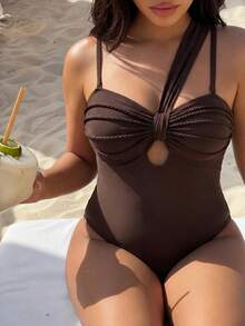 Swim Vcay Plus Size Brown Braided Rope Casual Vacation One-Piece Swimsuit - Coffee Brown - View 4