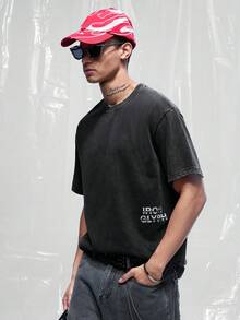 IRON GLYPH 男士字母印花時尚百搭圓領短袖T恤，度假風 - 黑色 - 查看 5