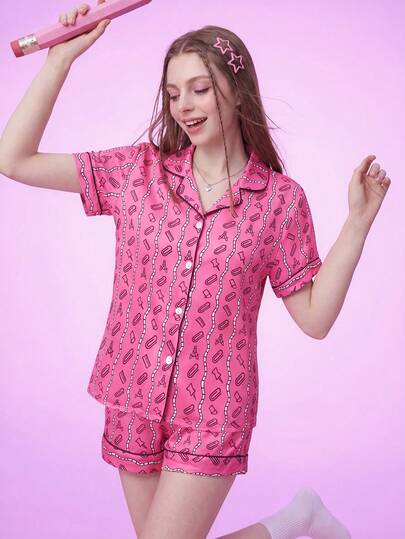 Notgurli Women's Pink White Milk Silk Wavy Line Bow Print Lapel Short Sleeve Shorts Pajama Set, 2pcs Daily Home Casual Cute Loungewear Back-To-School Summer
