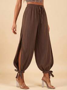Travachic Women's Solid Color Split Hem Tie Lantern Pants Loose Casual Boho Long Pants Beach Dark Brown Autumn - Brown - View 4