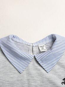 SHEIN 大女孩 Polo 領條紋刺繡馬標誌短袖中長洋裝，適合大女孩，對比色荷葉領花瓣袖印花洋裝，適合學校、戶外活動 - 藍色 - View 4